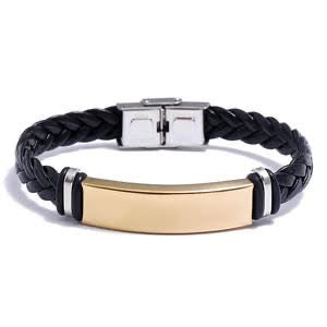 Men's Leather Bracelets Stainless Steel ID Bar Custom Name Date Logo Engrave Bangle & Bracelet Male Jewelry